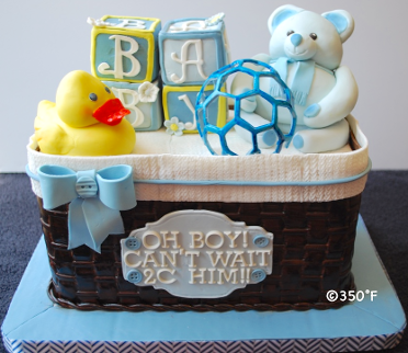 A baby shower basket cake filled with baby toys