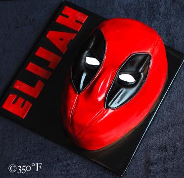 A deadpool mask cake for the birthday of a tween.