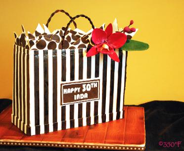 A 30th birthday special cake in the form of a shopping bag for an Henri Bendel's ardent fan