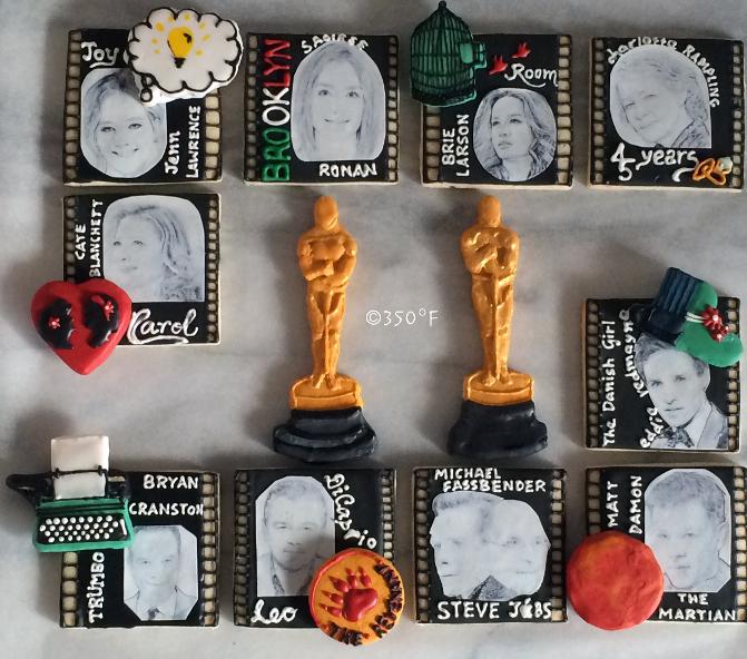 Custom decorated cookies with all your favorite actors and actresses for Academy Awards dinner party with friends