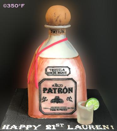 A Patron tequila bottle cake for Lauren's 21st birthday bash. Also created was a sugar shot glass with a slice of lemon.
