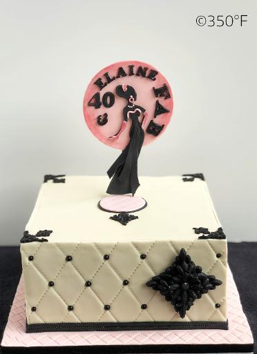 A diva cake with diamond weave and a custom-made edible cake topper for a 40th birthday party
