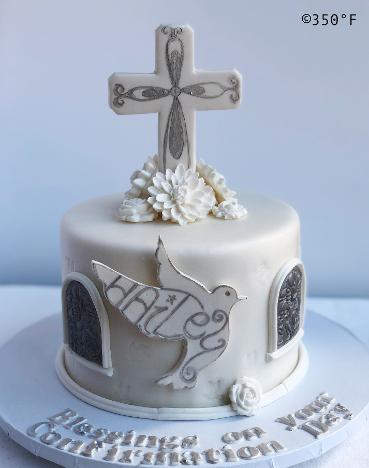 confirmation cake white and silver cross and dove