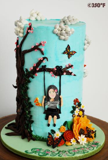 A double barrel birthday cake in spring theme for Ishita's 7th birthday