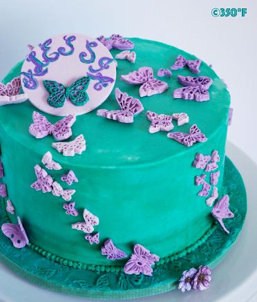 turquoise and purple butterfly theme birthday cake