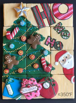Christmas puzzle cookies with a green tree, presents, and Santa in Queens, NY