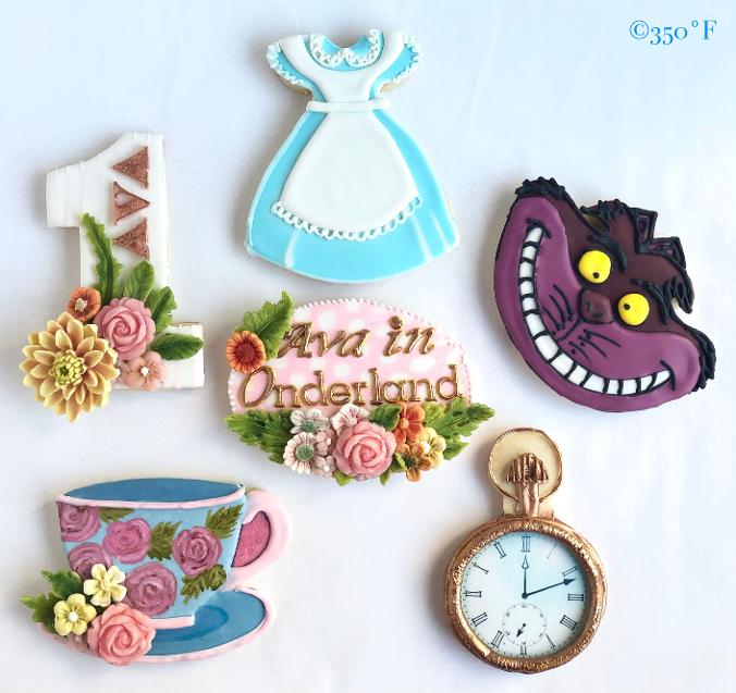 Alice in wonderland theme cookies for a first birthday