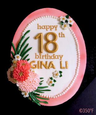 pink, gold and white floral buttercream cake for Gina Li's 18th birthday