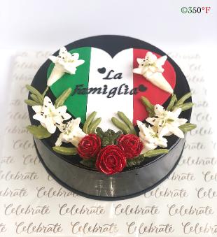 Italian dinner dessert - tiramisu cake with white lillies and roses