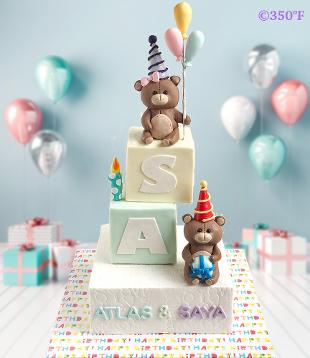 1st birthday cake for twins with teddy bears and baby blocks