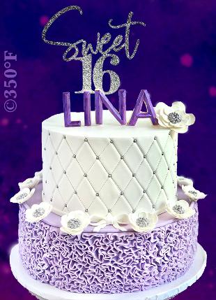 Fashion-themed Sweet 16 cake in lavender, purple, white and silver