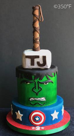 Avengers themed 3rd birthday cake representing the team of Captain America, Hulk and Thor