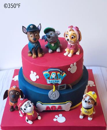 paw patrol theme birthday cake with figurines of pups