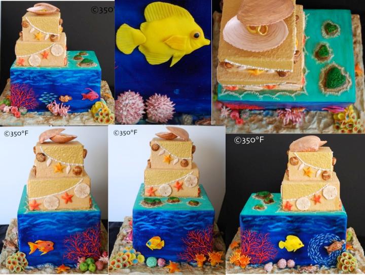 A destination wedding cake with the great barrier reef as the theme. a beach themed cake with an assortment of fish, shells and other sea animals