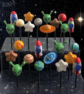 galaxy / outer space themed cakepops with planets, stars, space hips and alien heads!