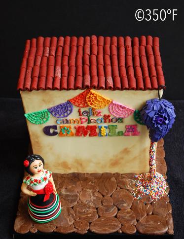 Coco themed cake for Camilla's 9th birthday party with a piñata and hand piped mexican banner