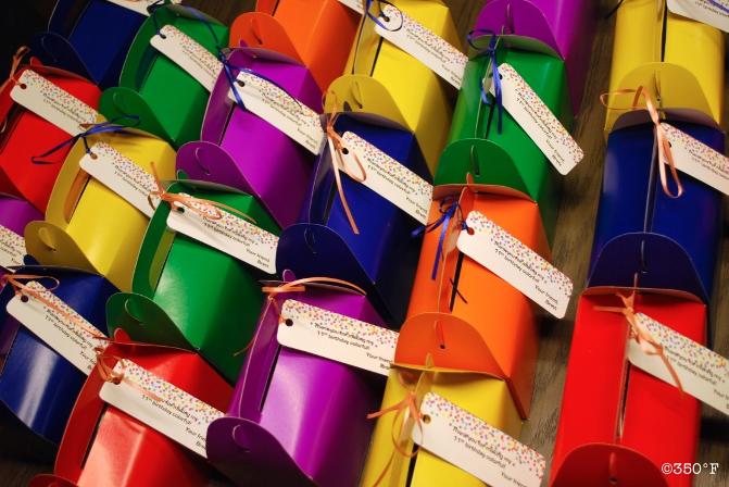 Colored party favor boxes with tags for parties by 350 Degree Fahrenheit