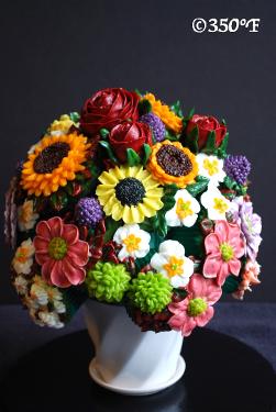 Beautiful floral bouquet of flowers made from cupcakes in white vase by 350 Degree Fahrenheit