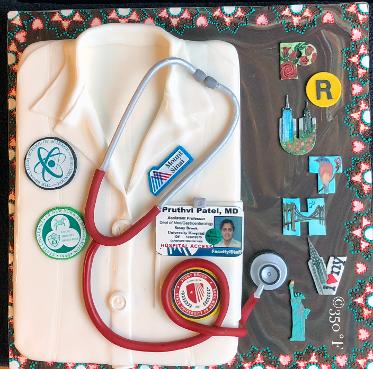 doctor's coat cake, stethoscope, doctor's id, birthday cake, 40th birthday, NYC theme, indian designs, alma mater patches