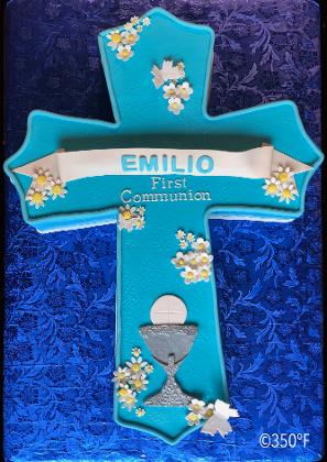first communion cake cross shaped with chalice