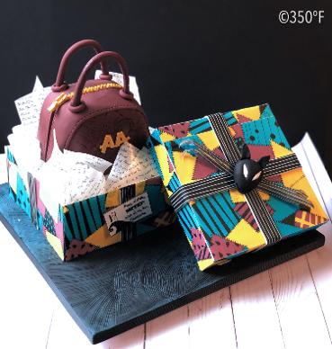 Fashionista Fondant Cake with Edible Louis Vuitton Luggage, Purse, and Shoe  side view