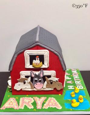 A barnyard cake for an animal-petting themed 5th birthday party