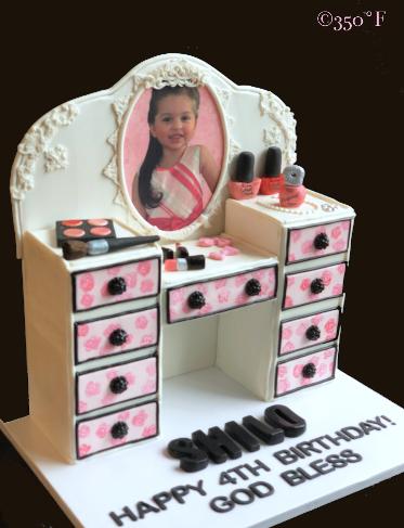 vanity cake, birthday cake for diva, kid cake, pink and white, cosmetics, chest of draws