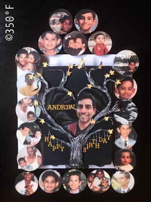 A cake and cupcake ensemble with childhood pictures printed on edible paper