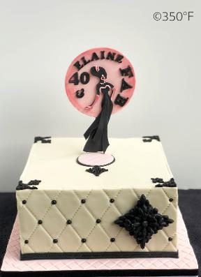 A fashion-inspired diamond-weave patterned Diva cake for a 40th birthday celebration with a custom edible cake topper.