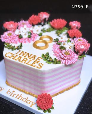 A buttercream floral cake in pink, white and gold for an 8th birthday party