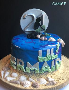 Marble mirror glaze cake in Lil' mermaid theme for a 21st birthday party