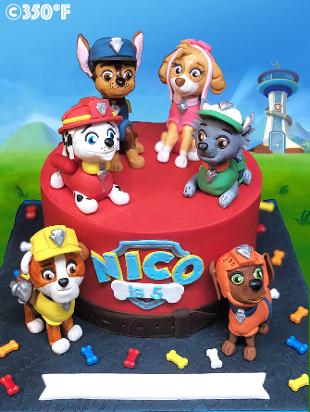 paw patrol pups made of rice krispie treats on Nico's 5th birthday cake