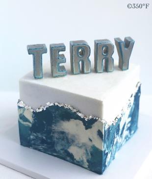 blue white marble buttercream birthday cake