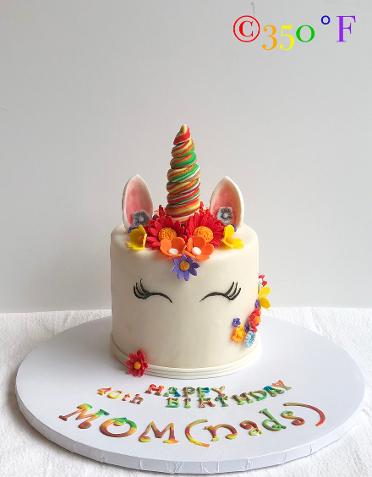 A rainbow unicorn birthday cake for a 40th birthday party
